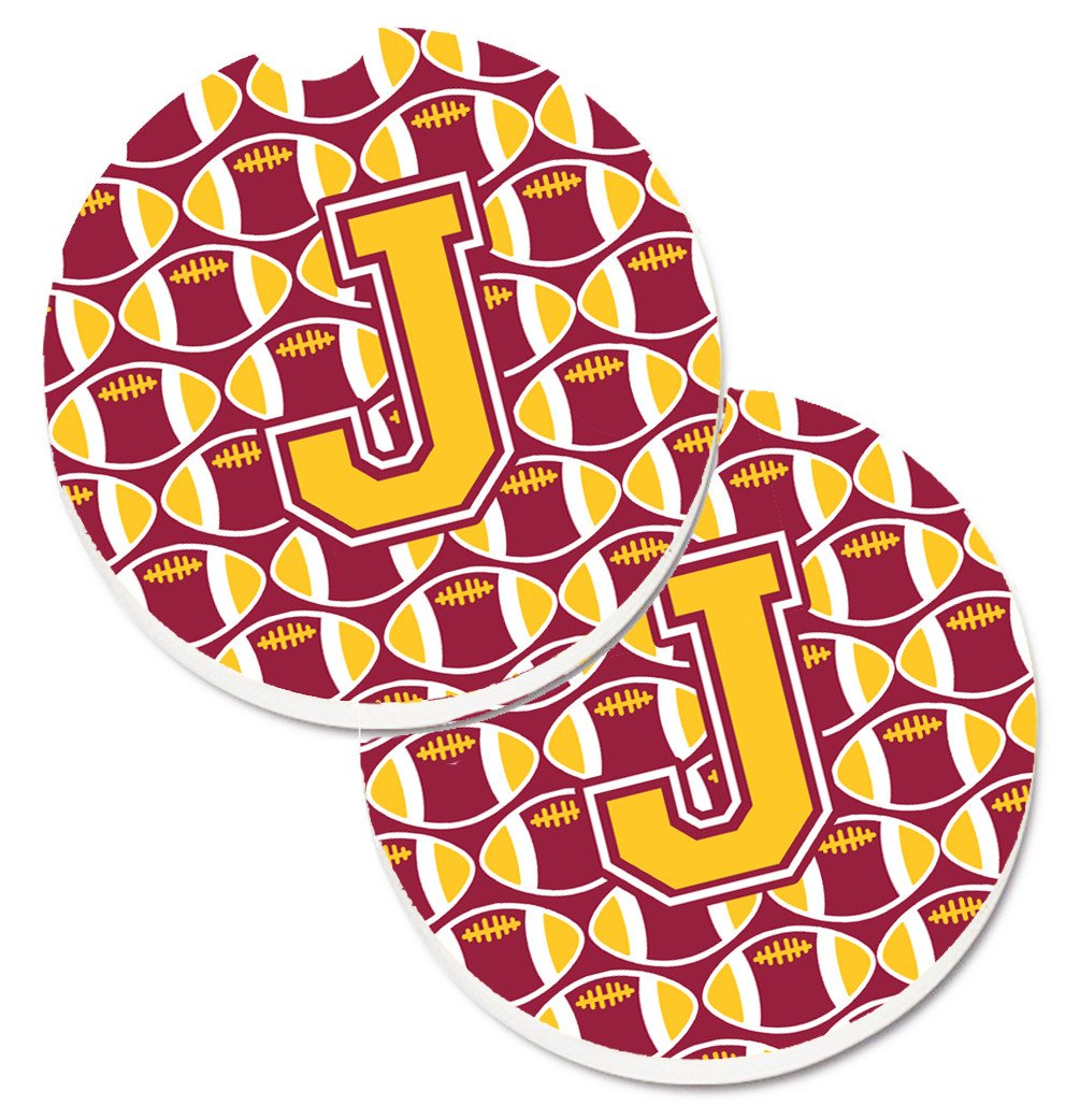 Letter J Football Maroon and Gold Set of 2 Cup Holder Car Coasters CJ1081-JCARC by Caroline's Treasures