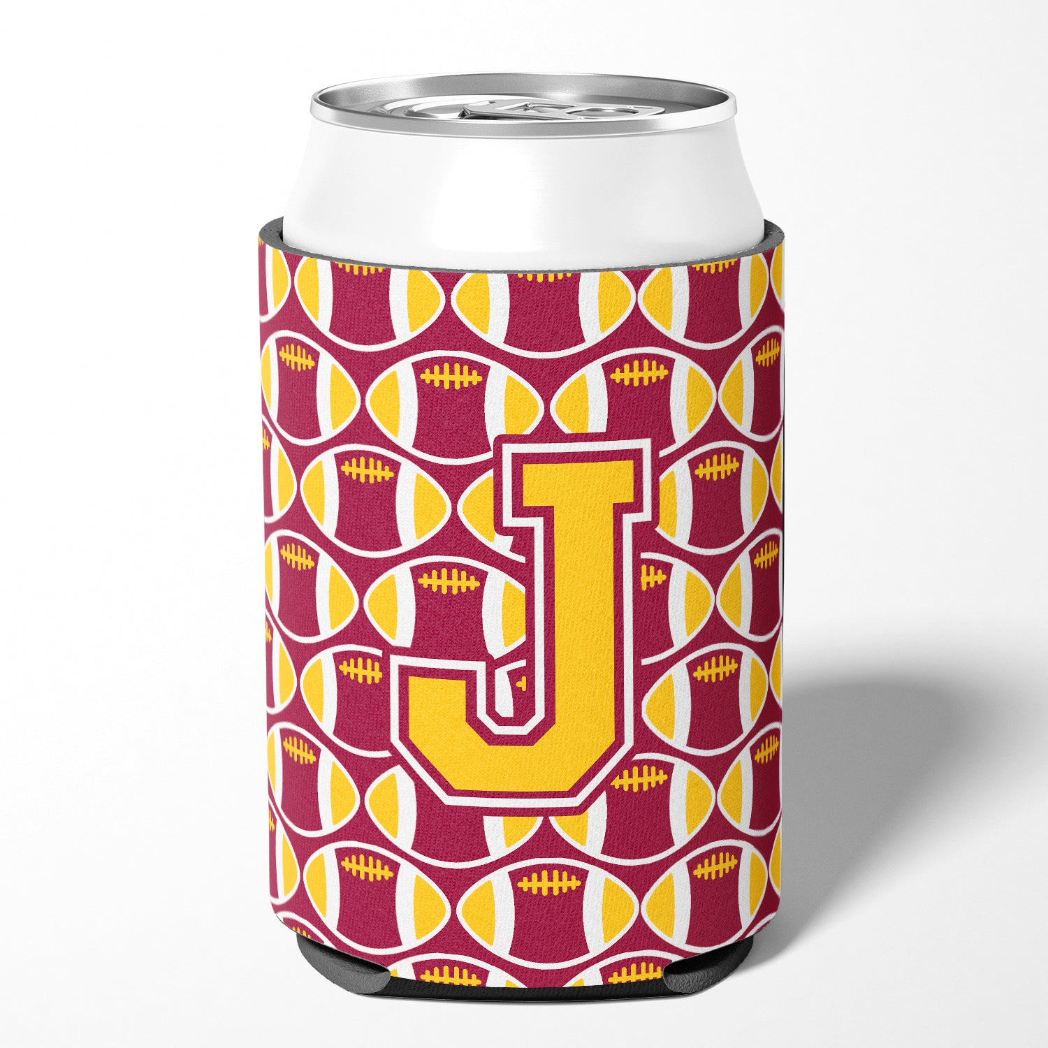 Letter J Football Maroon and Gold Can or Bottle Hugger CJ1081-JCC
