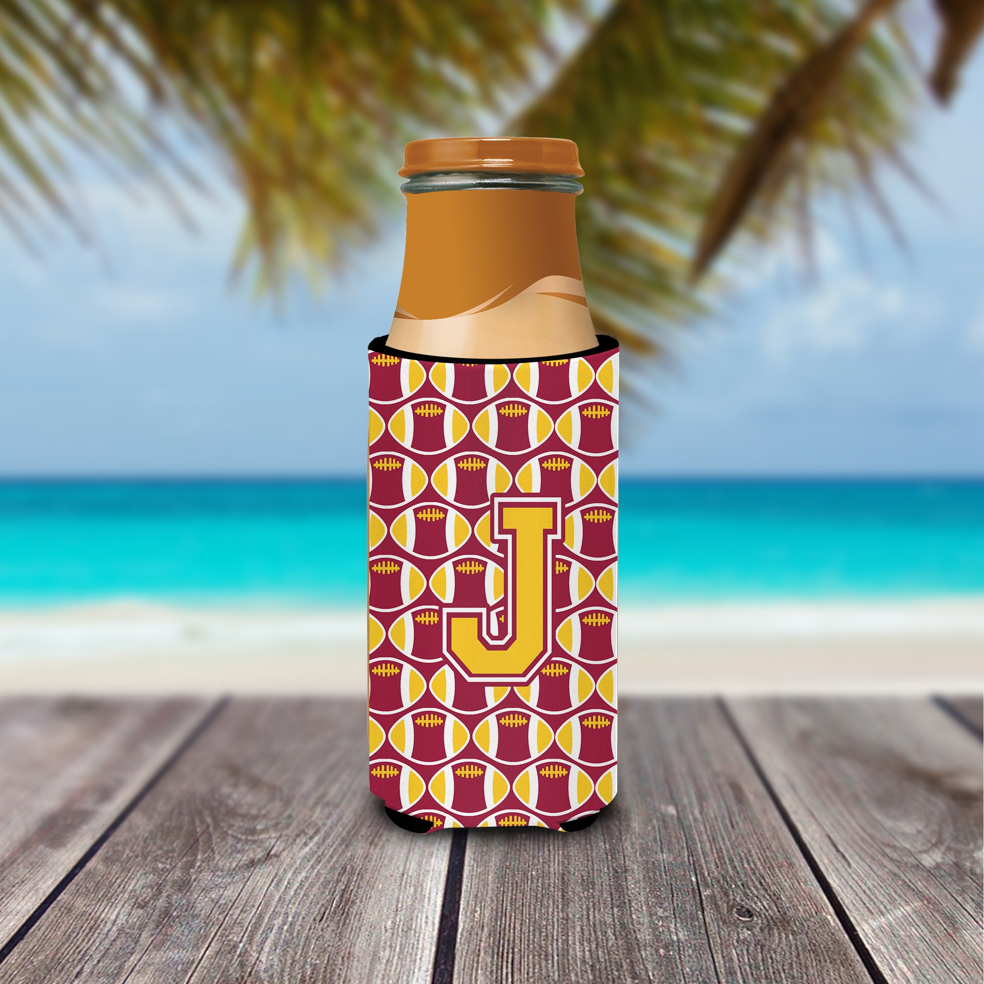 Letter J Football Maroon and Gold Ultra Beverage Insulators for slim cans CJ1081-JMUK