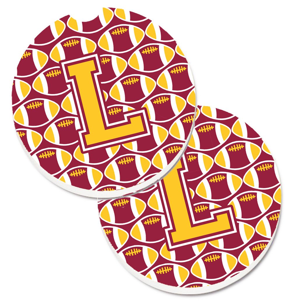 Letter L Football Maroon and Gold Set of 2 Cup Holder Car Coasters CJ1081-LCARC by Caroline&#39;s Treasures