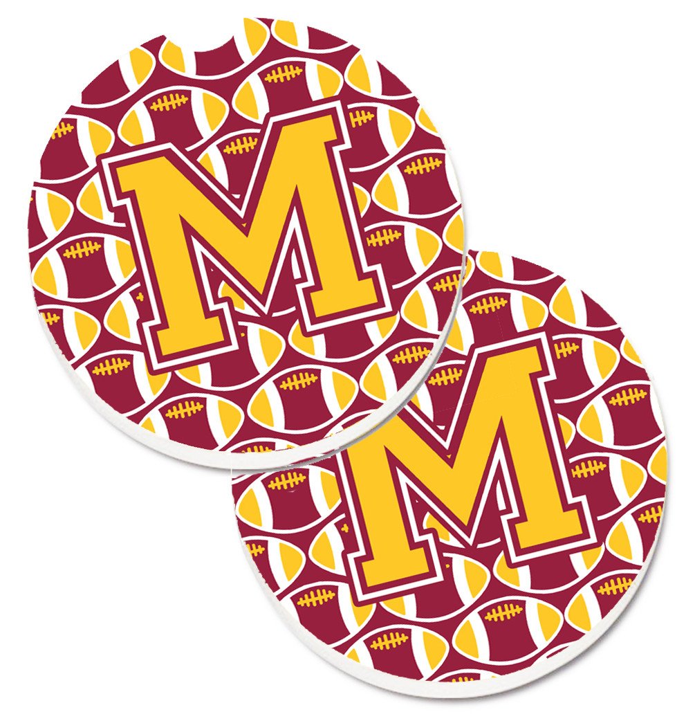 Letter M Football Maroon and Gold Set of 2 Cup Holder Car Coasters CJ1081-MCARC by Caroline&#39;s Treasures