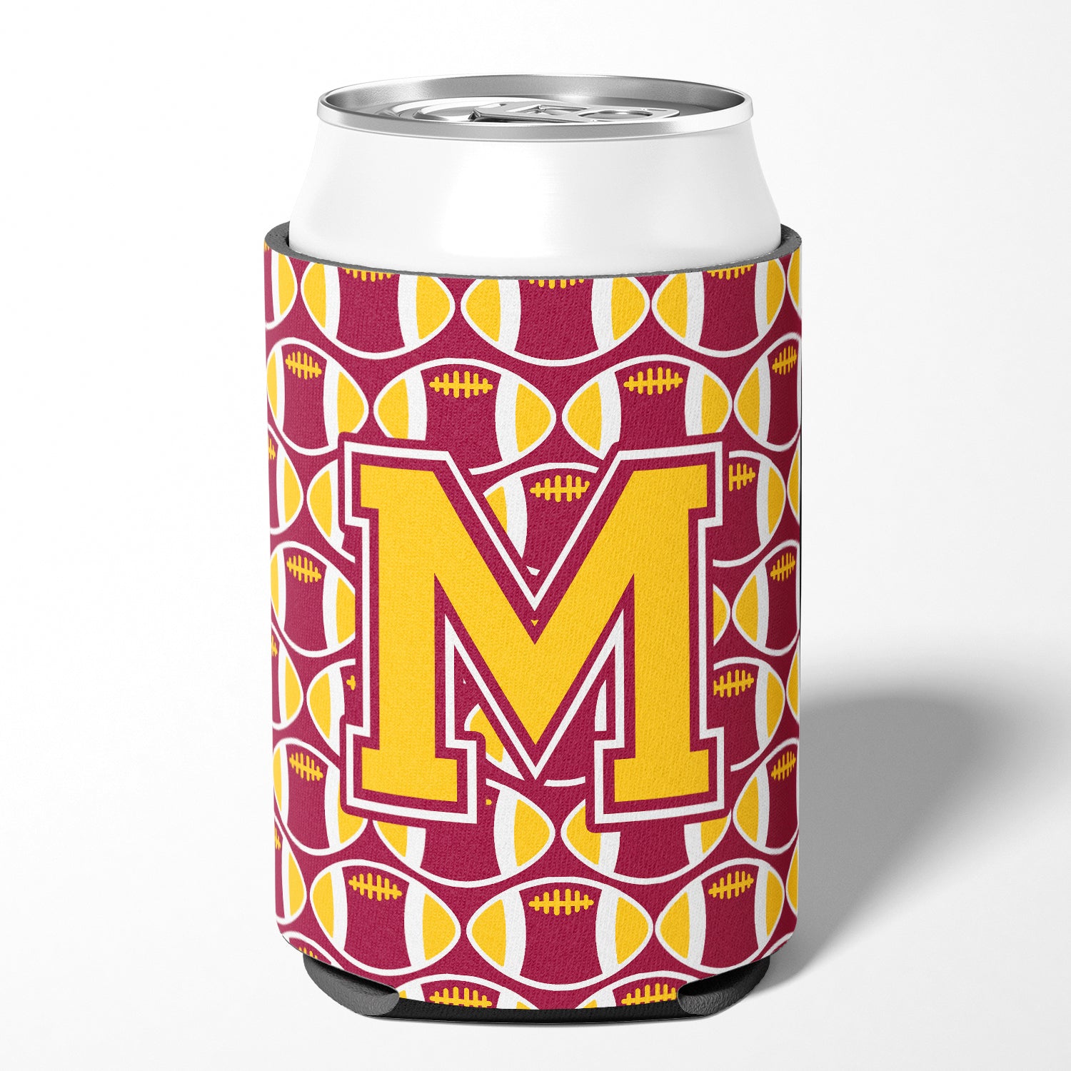 Letter M Football Maroon and Gold Can or Bottle Hugger CJ1081-MCC
