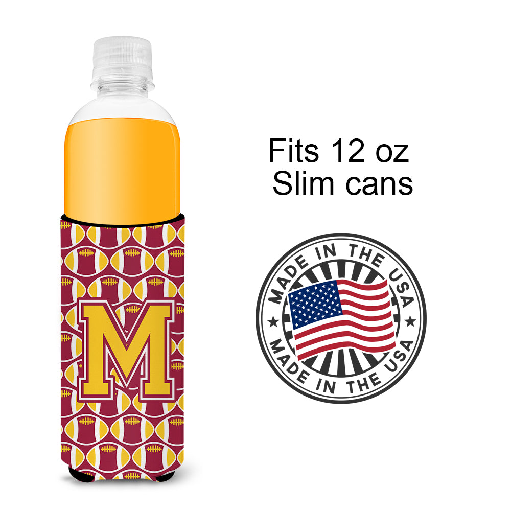 Letter M Football Maroon and Gold Ultra Beverage Insulators for slim cans CJ1081-MMUK.