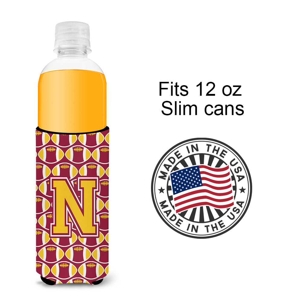 Letter N Football Maroon and Gold Ultra Beverage Insulators for slim cans CJ1081-NMUK.