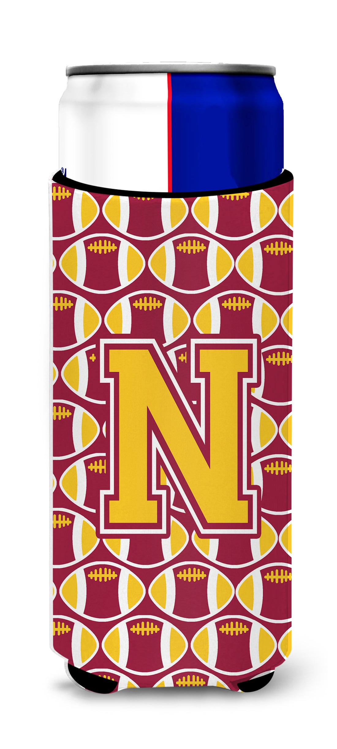 Letter N Football Maroon and Gold Ultra Beverage Insulators for slim cans CJ1081-NMUK.