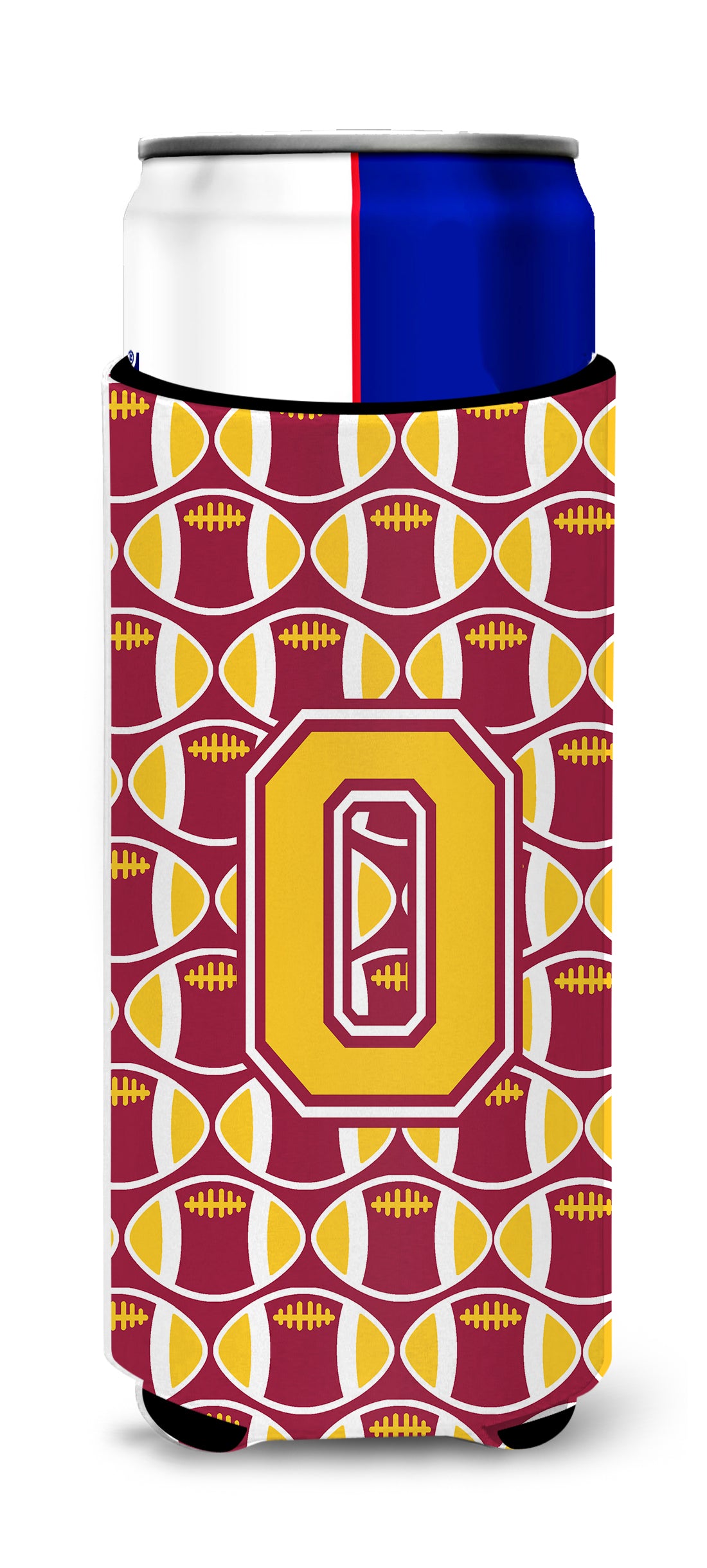 Letter O Football Maroon and Gold Ultra Beverage Insulators for slim cans CJ1081-OMUK.