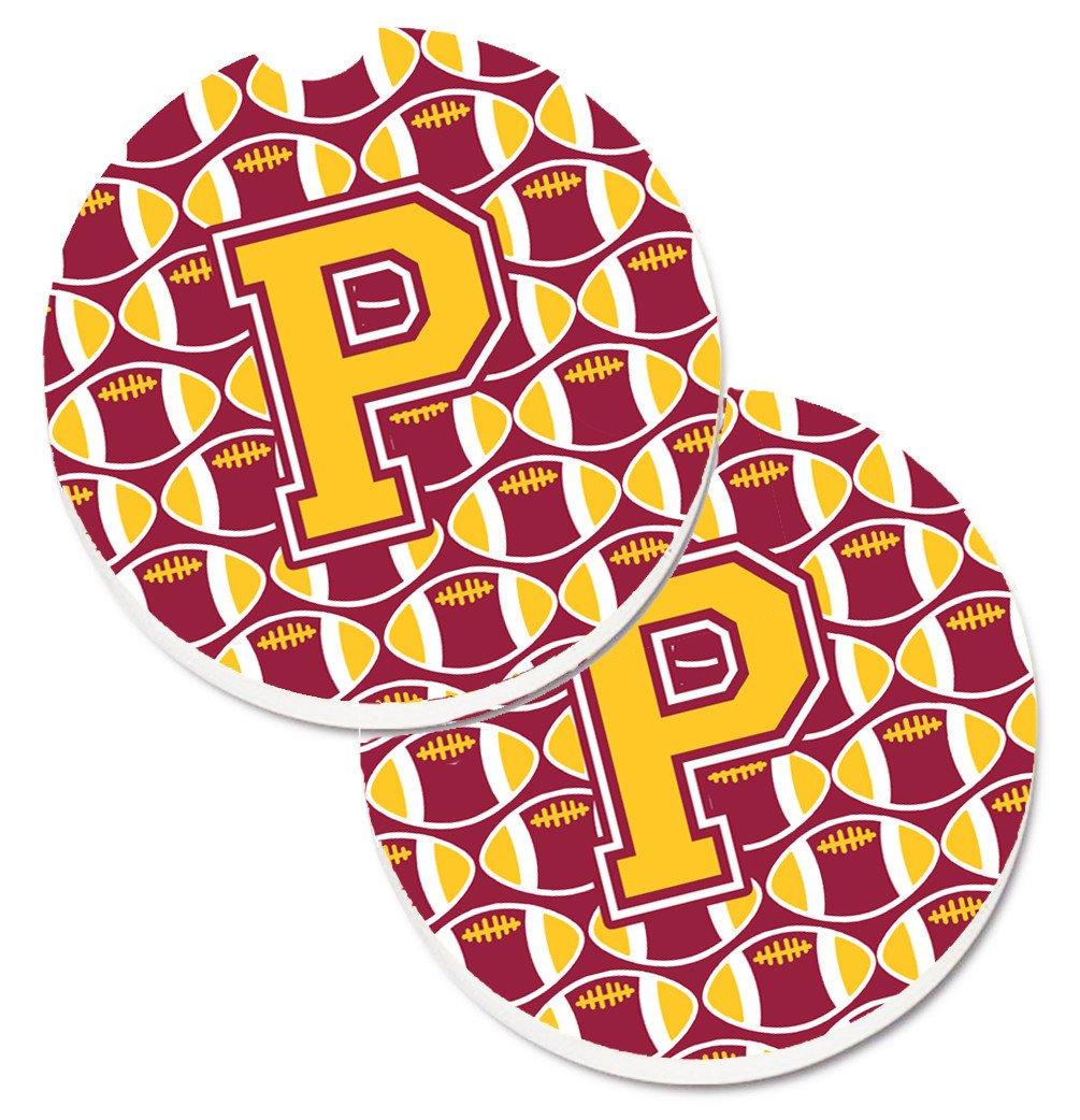 Letter P Football Maroon and Gold Set of 2 Cup Holder Car Coasters CJ1081-PCARC by Caroline&#39;s Treasures