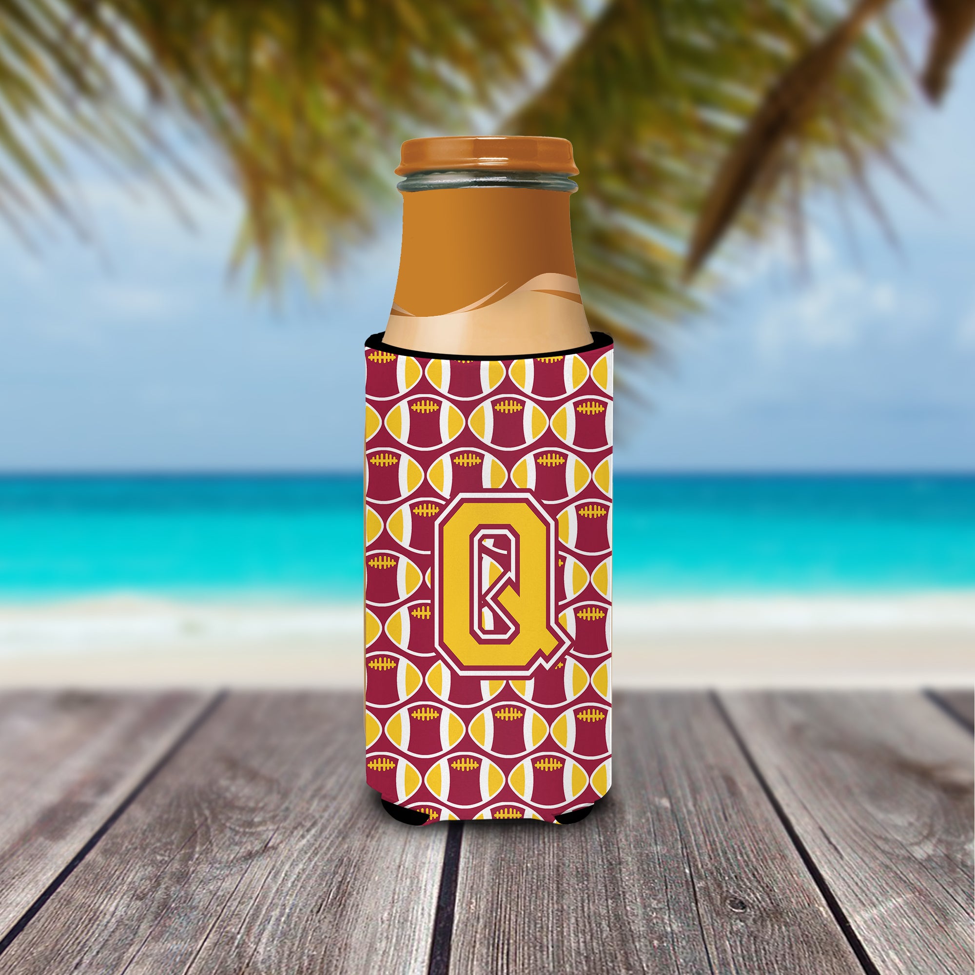 Letter Q Football Maroon and Gold Ultra Beverage Insulators for slim cans CJ1081-QMUK.