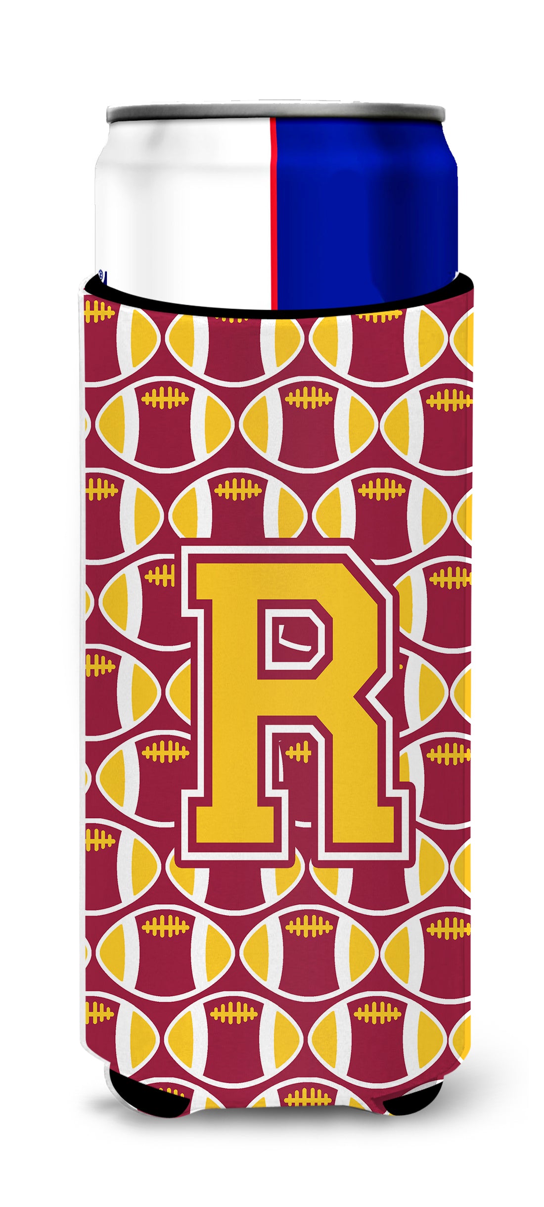 Letter R Football Maroon and Gold Ultra Beverage Insulators for slim cans CJ1081-RMUK.