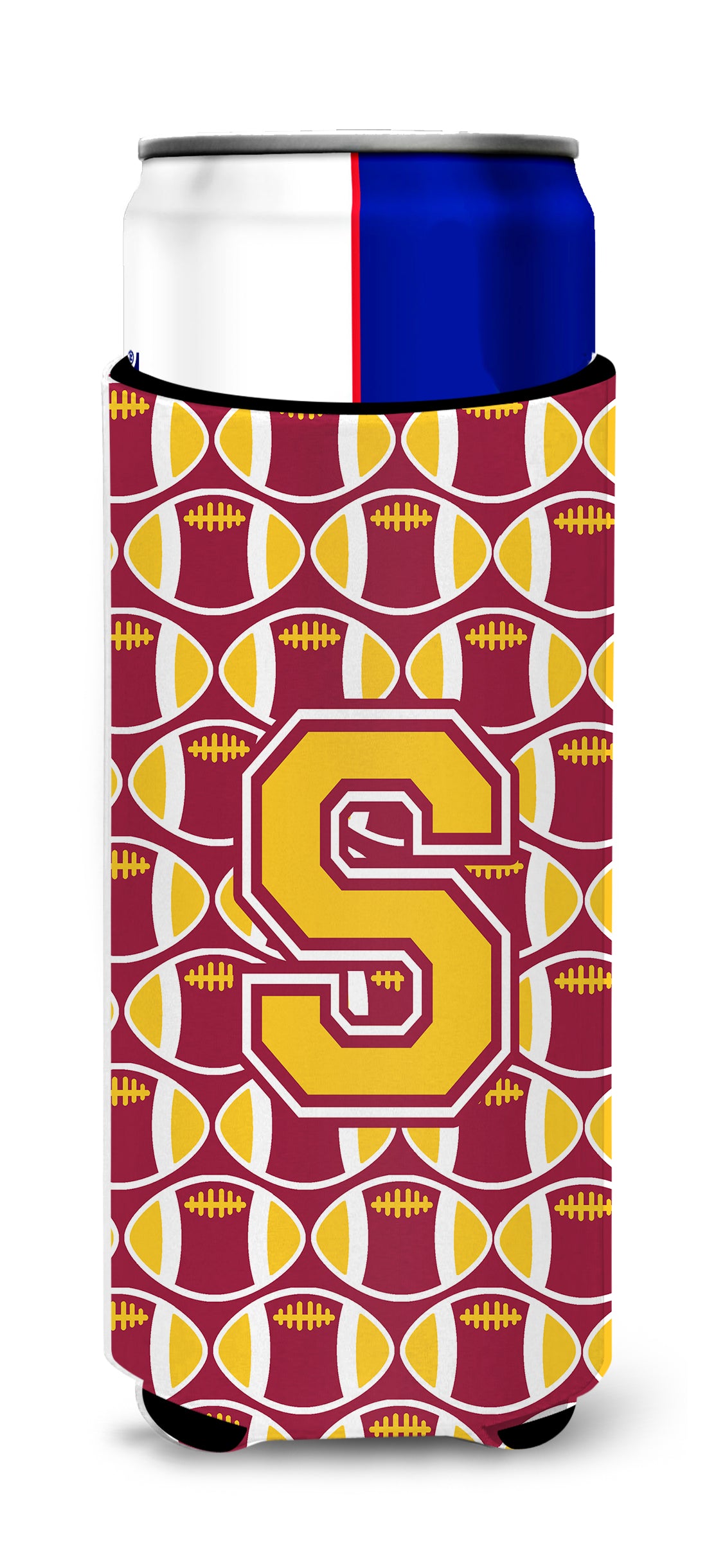 Letter S Football Maroon and Gold Ultra Beverage Insulators for slim cans CJ1081-SMUK.