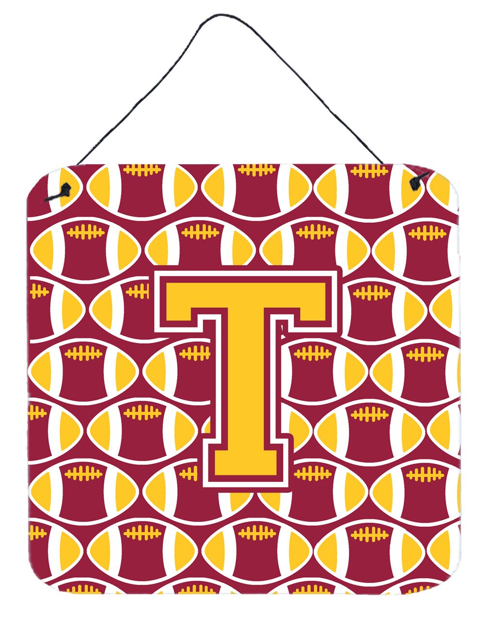 Letter T Football Maroon and Gold Wall or Door Hanging Prints CJ1081-TDS66 by Caroline&#39;s Treasures