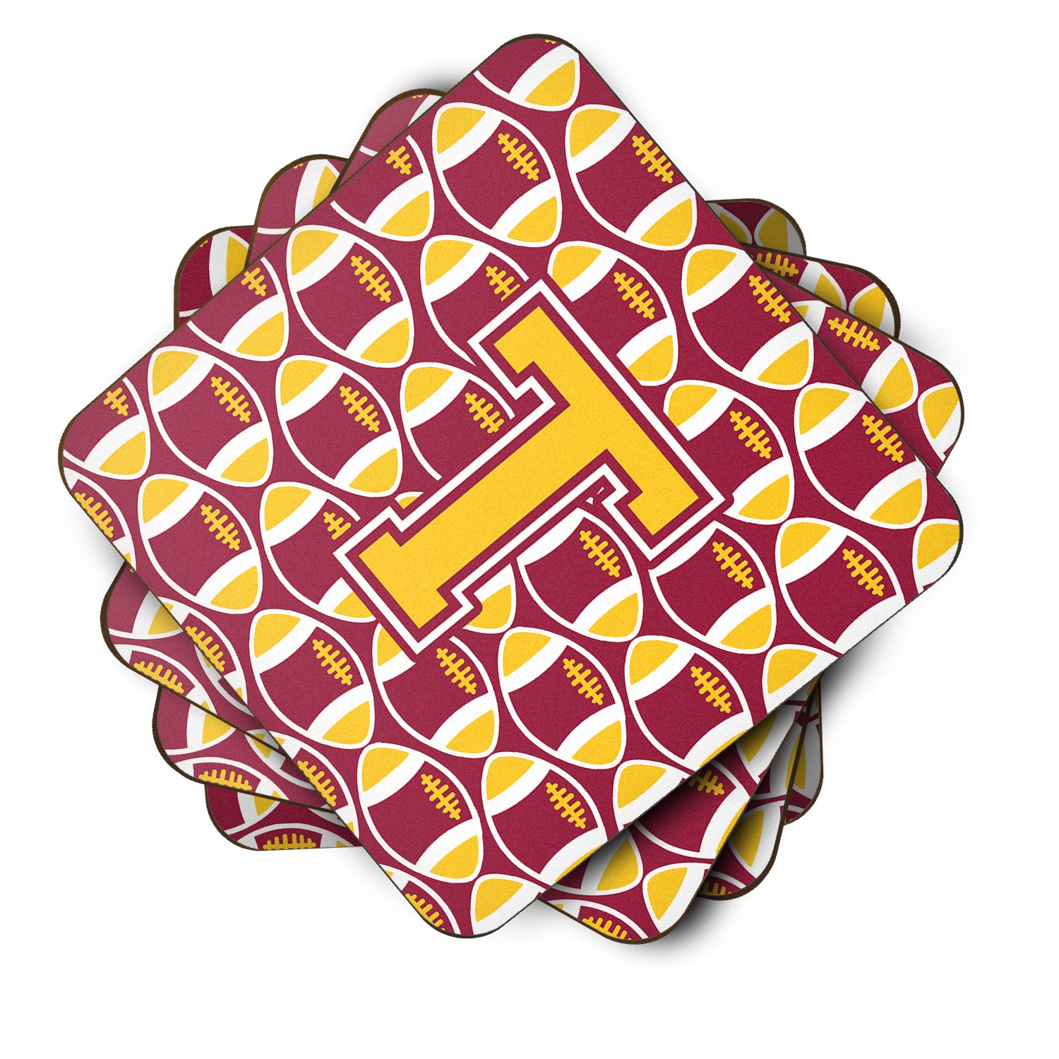 Letter T Football Maroon and Gold Foam Coaster Set of 4 CJ1081-TFC - the-store.com