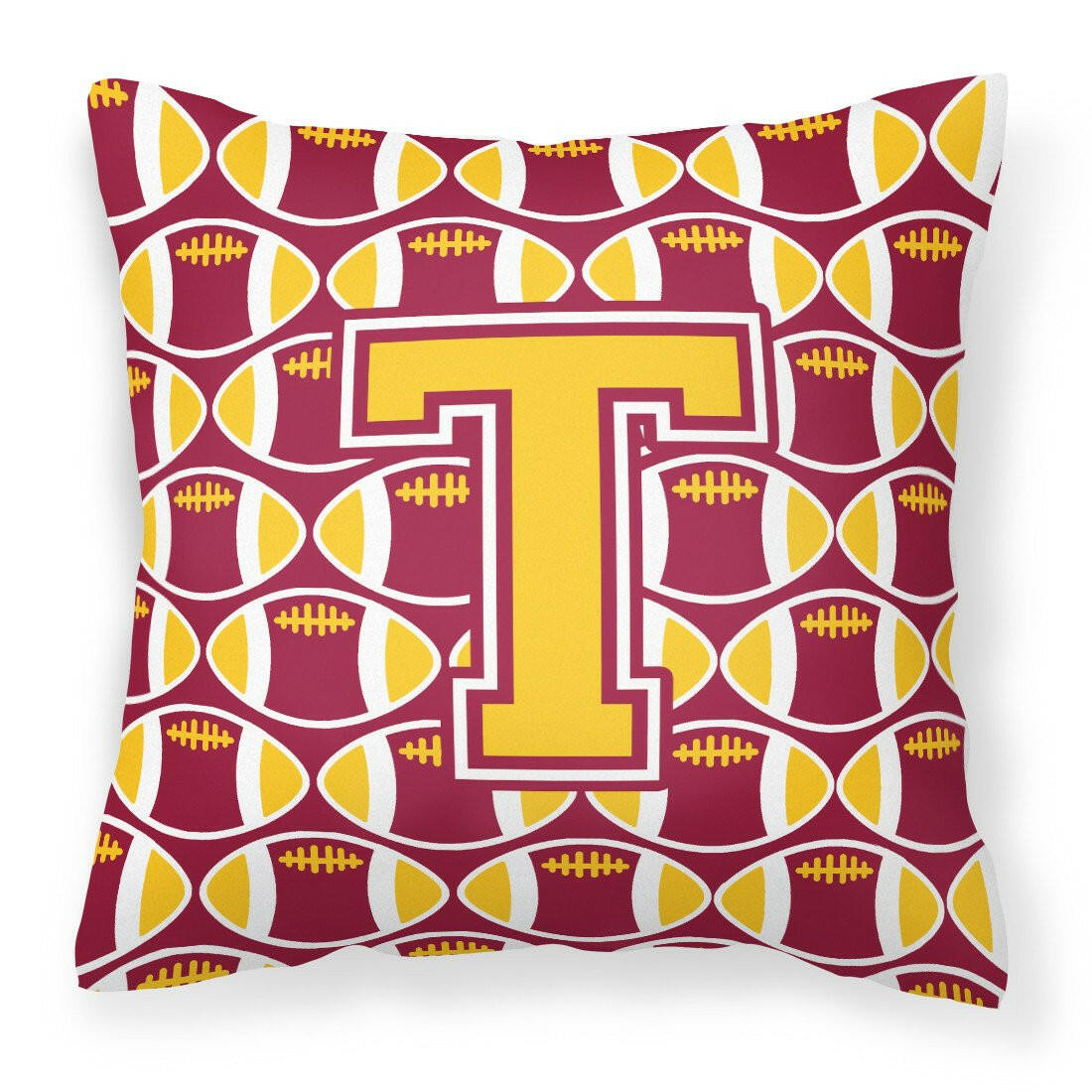 Letter T Football Maroon and Gold Fabric Decorative Pillow CJ1081-TPW1414 by Caroline&#39;s Treasures