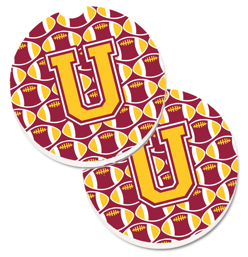 Letter U Football Maroon and Gold Set of 2 Cup Holder Car Coasters CJ1081-UCARC by Caroline&#39;s Treasures