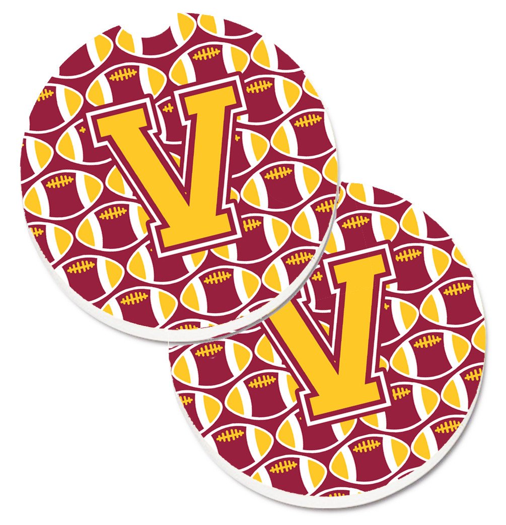 Letter V Football Maroon and Gold Set of 2 Cup Holder Car Coasters CJ1081-VCARC by Caroline's Treasures
