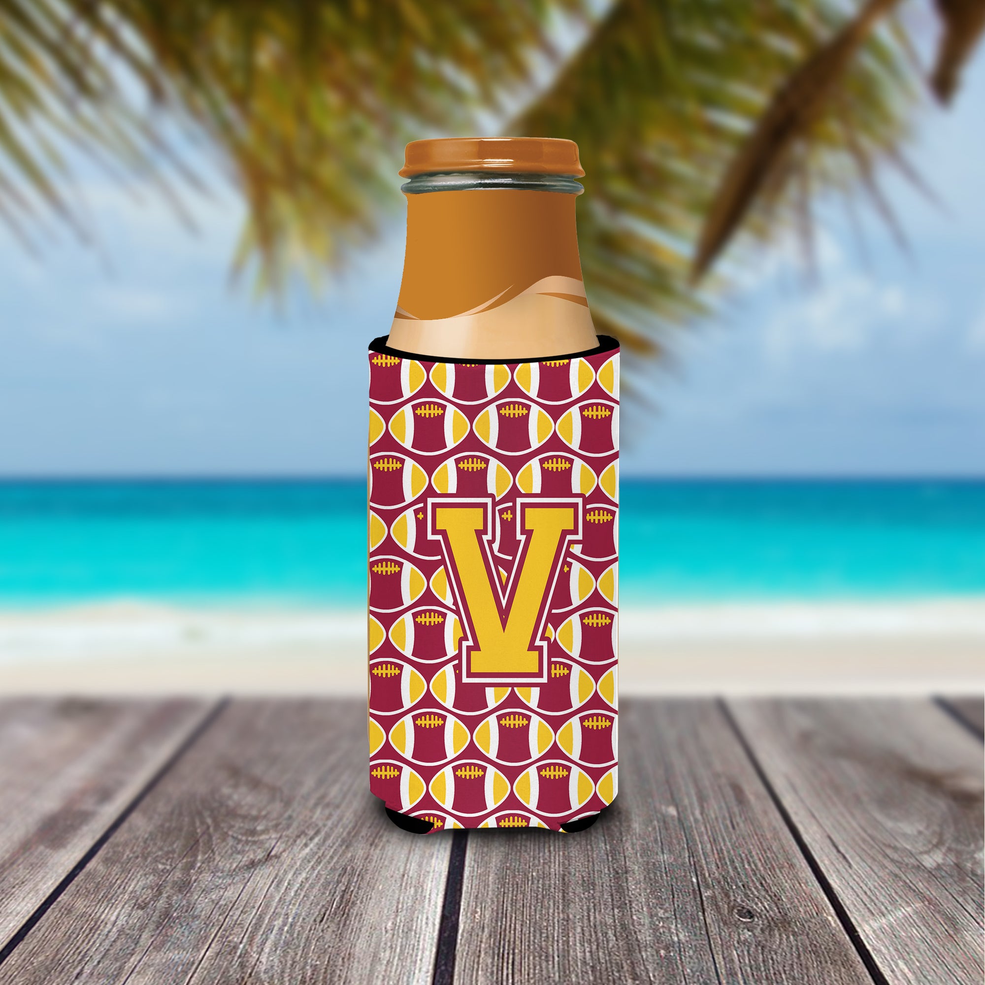 Letter V Football Maroon and Gold Ultra Beverage Insulators for slim cans CJ1081-VMUK.