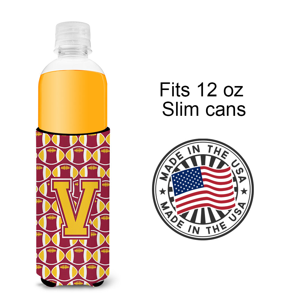 Letter V Football Maroon and Gold Ultra Beverage Insulators for slim cans CJ1081-VMUK