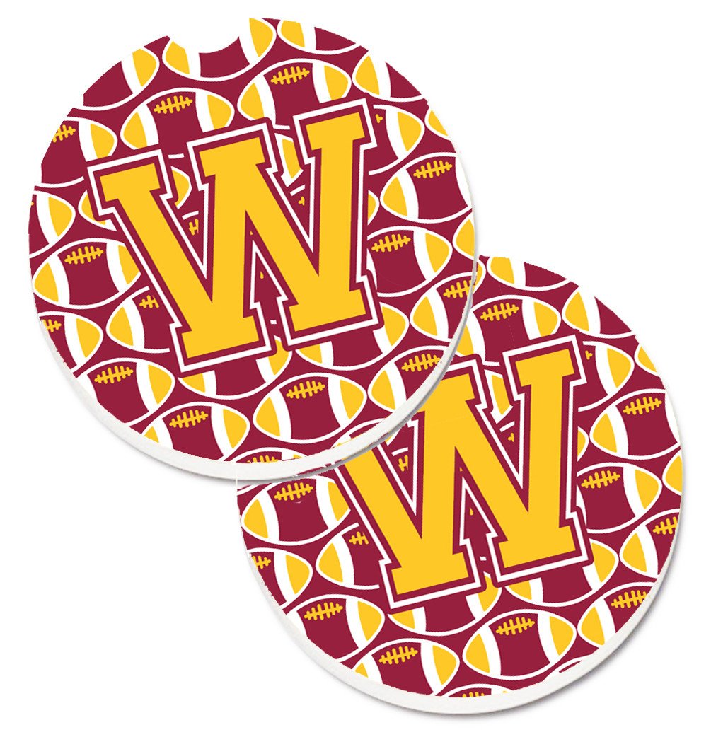 Letter W Football Maroon and Gold Set of 2 Cup Holder Car Coasters CJ1081-WCARC by Caroline's Treasures
