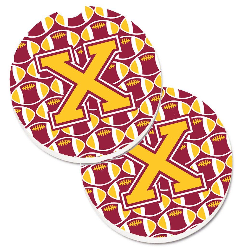 Letter X Football Maroon and Gold Set of 2 Cup Holder Car Coasters CJ1081-XCARC by Caroline&#39;s Treasures