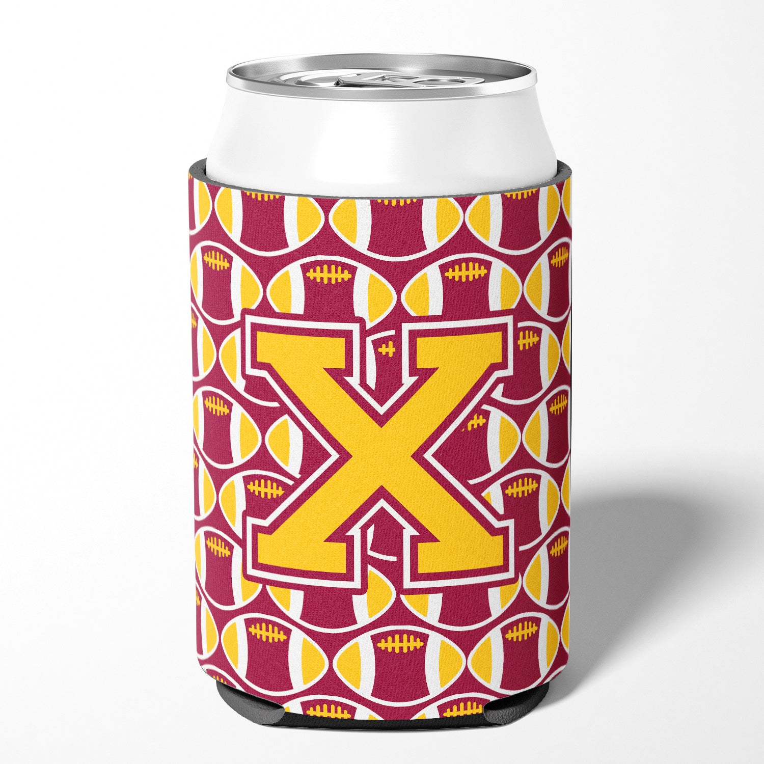 Letter X Football Maroon and Gold Can or Bottle Hugger CJ1081-XCC.