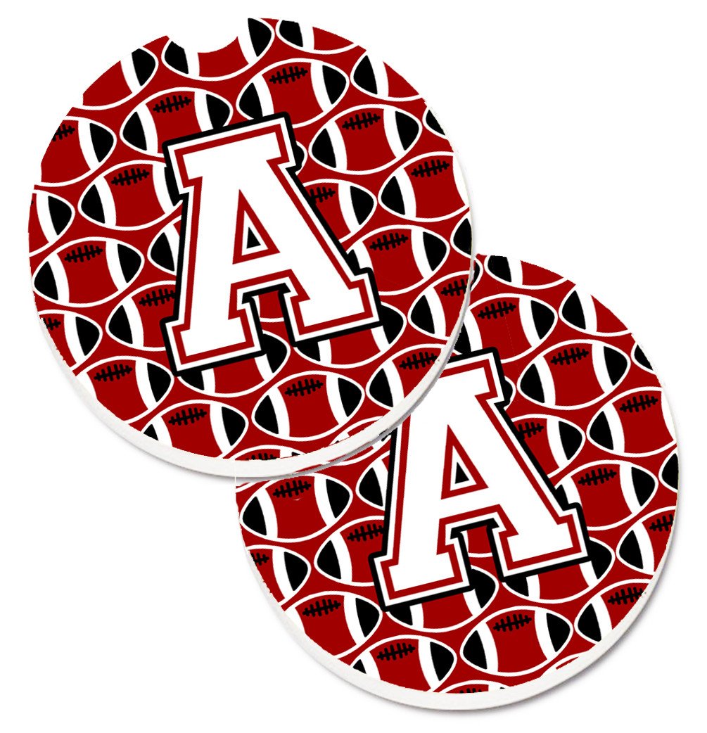 Letter A Football Cardinal and White Set of 2 Cup Holder Car Coasters CJ1082-ACARC by Caroline&#39;s Treasures