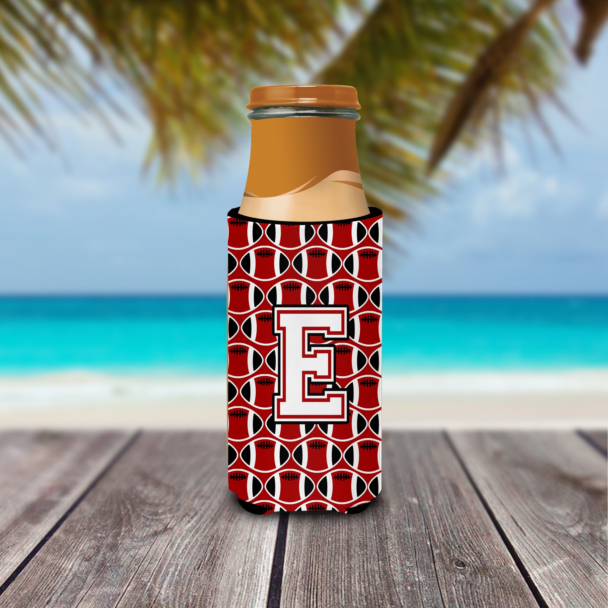 Letter E Football Cardinal and White Ultra Beverage Insulators for slim cans CJ1082-EMUK.