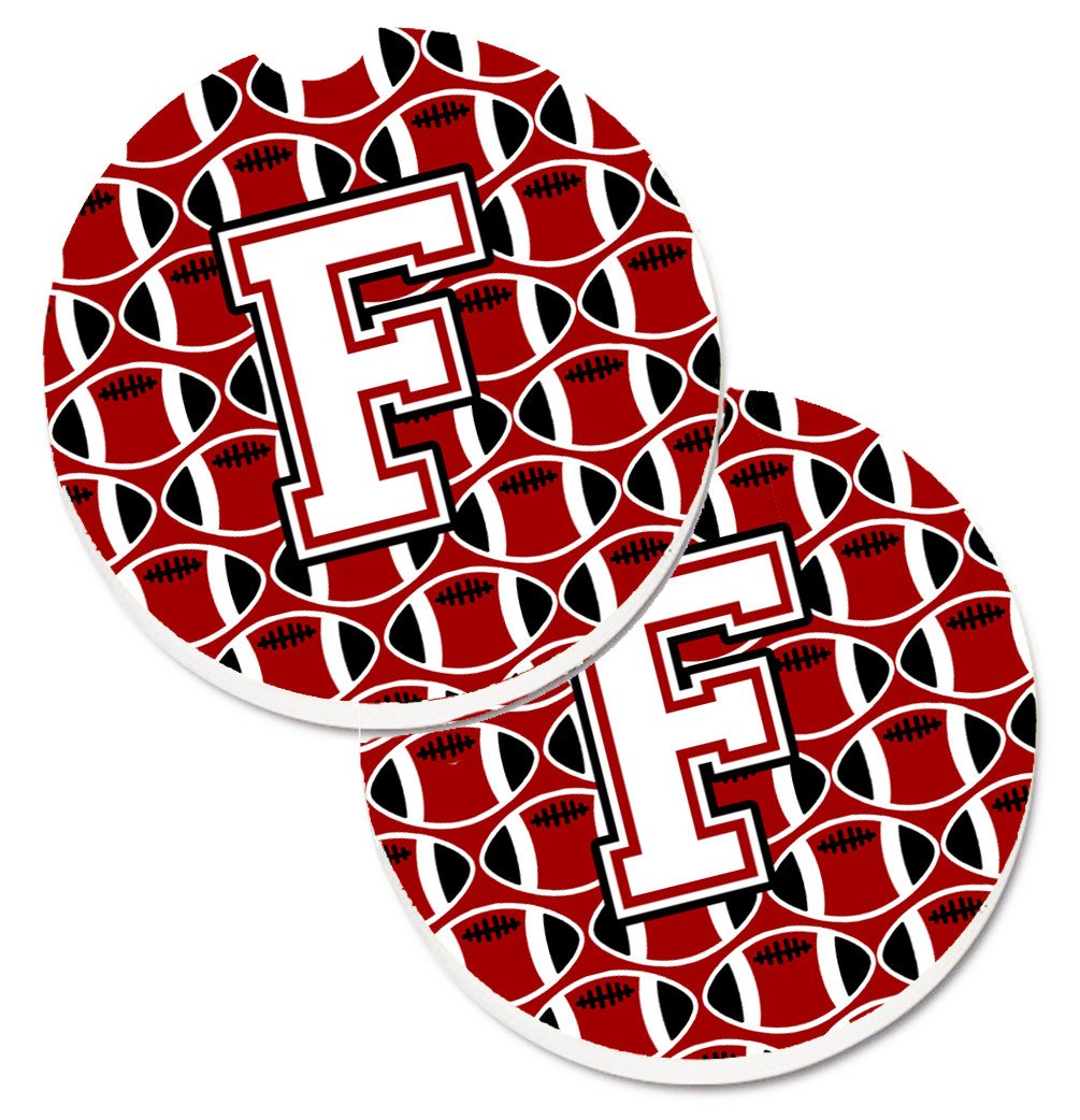 Letter F Football Cardinal and White Set of 2 Cup Holder Car Coasters CJ1082-FCARC by Caroline&#39;s Treasures