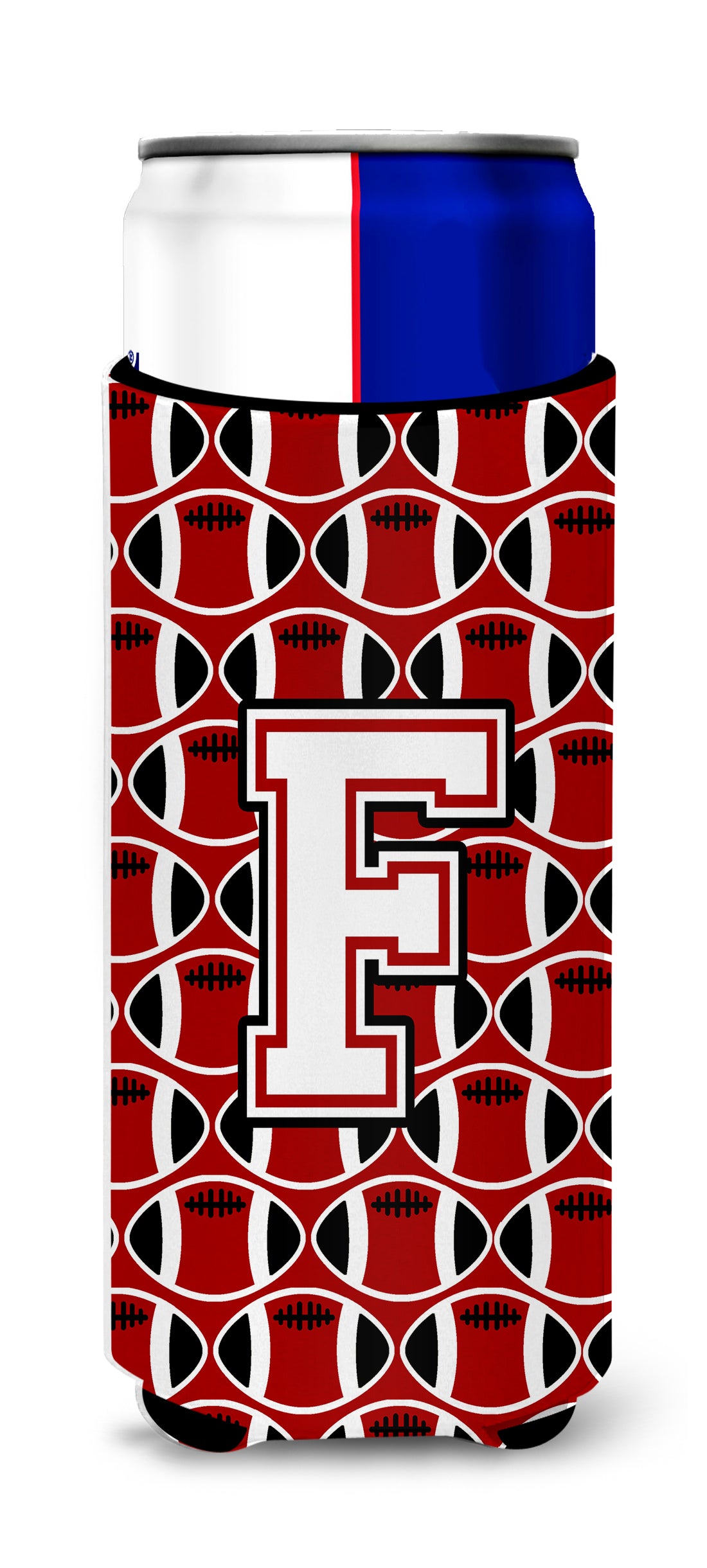 Letter F Football Cardinal and White Ultra Beverage Insulators for slim cans CJ1082-FMUK.