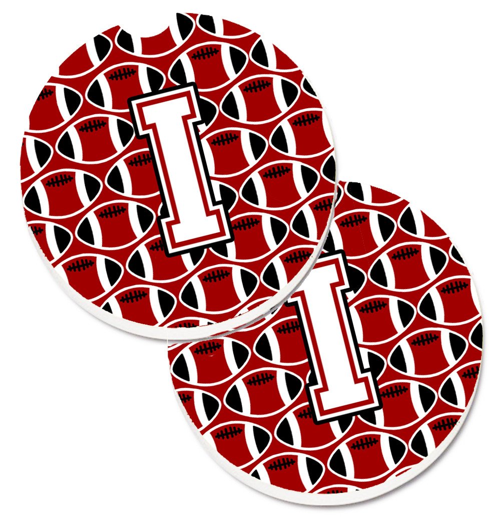 Letter I Football Cardinal and White Set of 2 Cup Holder Car Coasters CJ1082-ICARC by Caroline&#39;s Treasures