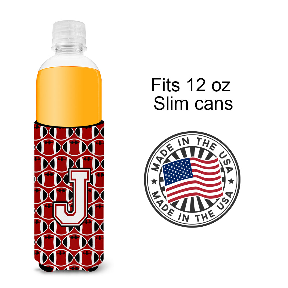 Letter J Football Cardinal and White Ultra Beverage Insulators for slim cans CJ1082-JMUK.