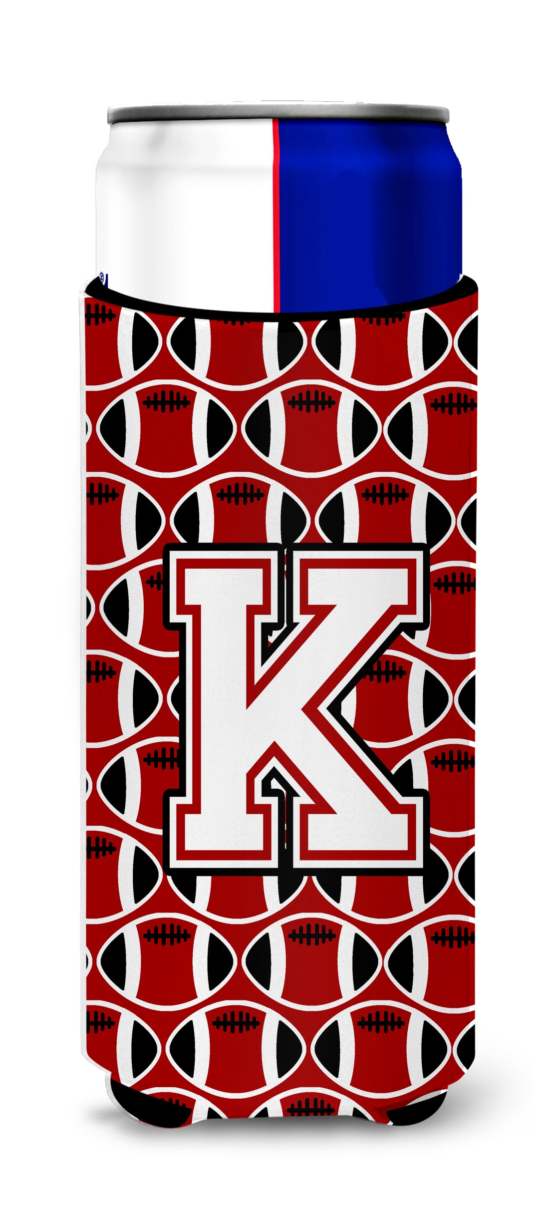 Letter K Football Cardinal and White Ultra Beverage Insulators for slim cans CJ1082-KMUK