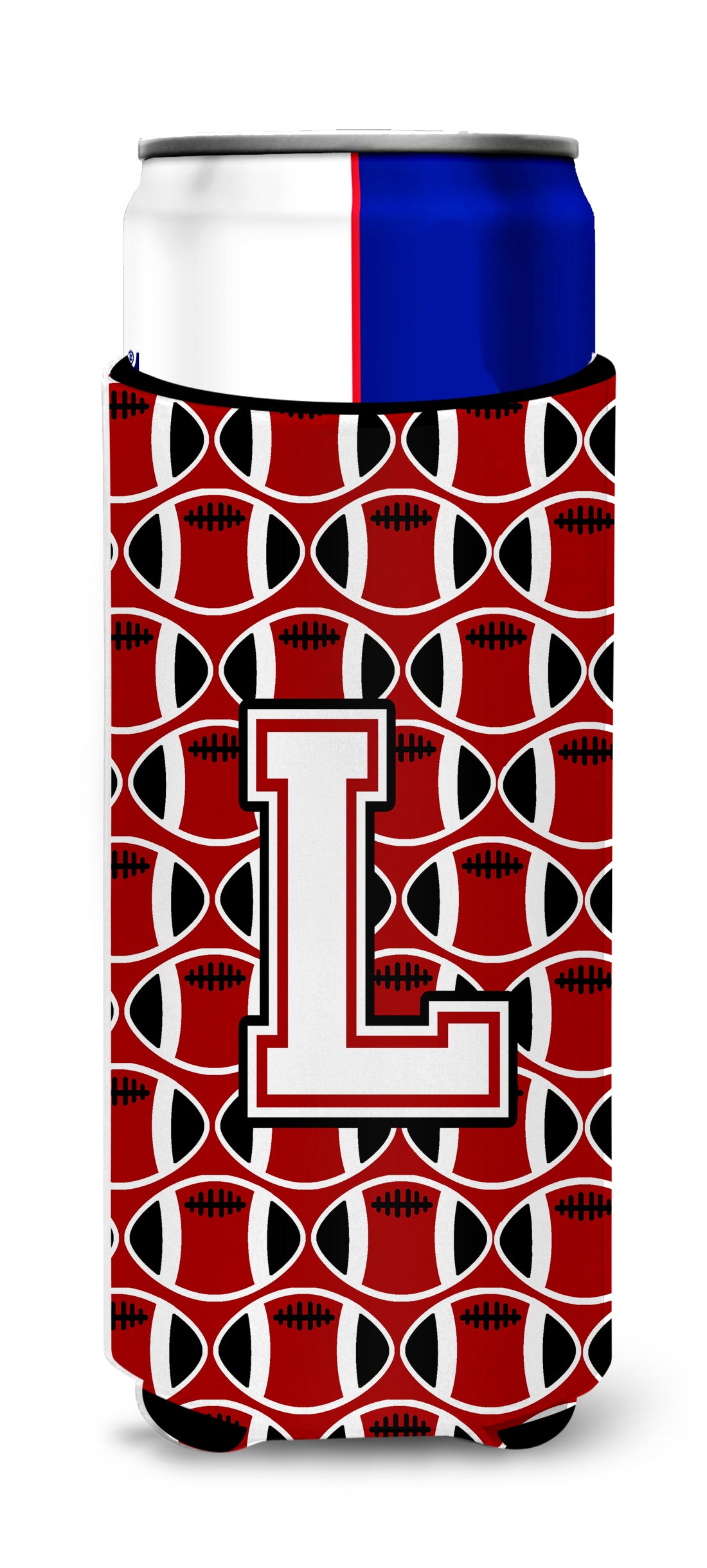 Letter L Football Cardinal and White Ultra Beverage Insulators for slim cans CJ1082-LMUK.