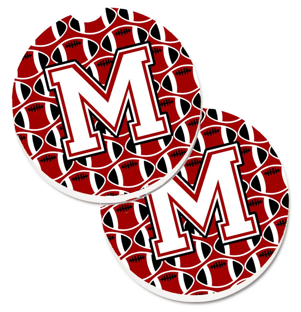 Letter M Football Cardinal and White Set of 2 Cup Holder Car Coasters CJ1082-MCARC by Caroline&#39;s Treasures
