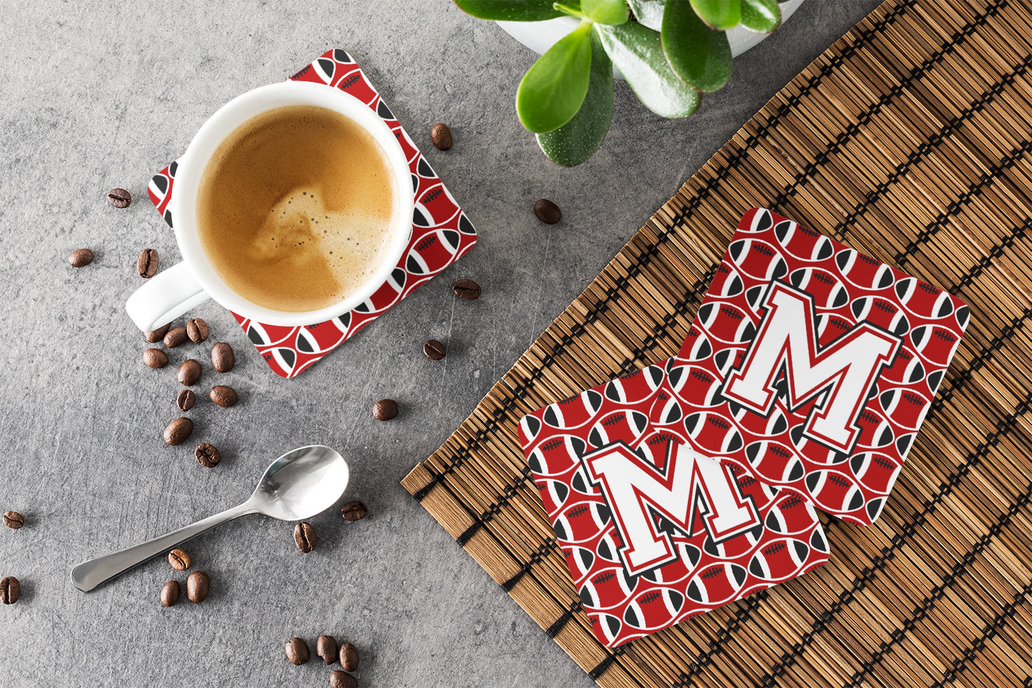 Letter M Football Cardinal and White Foam Coaster Set of 4 CJ1082-MFC - the-store.com