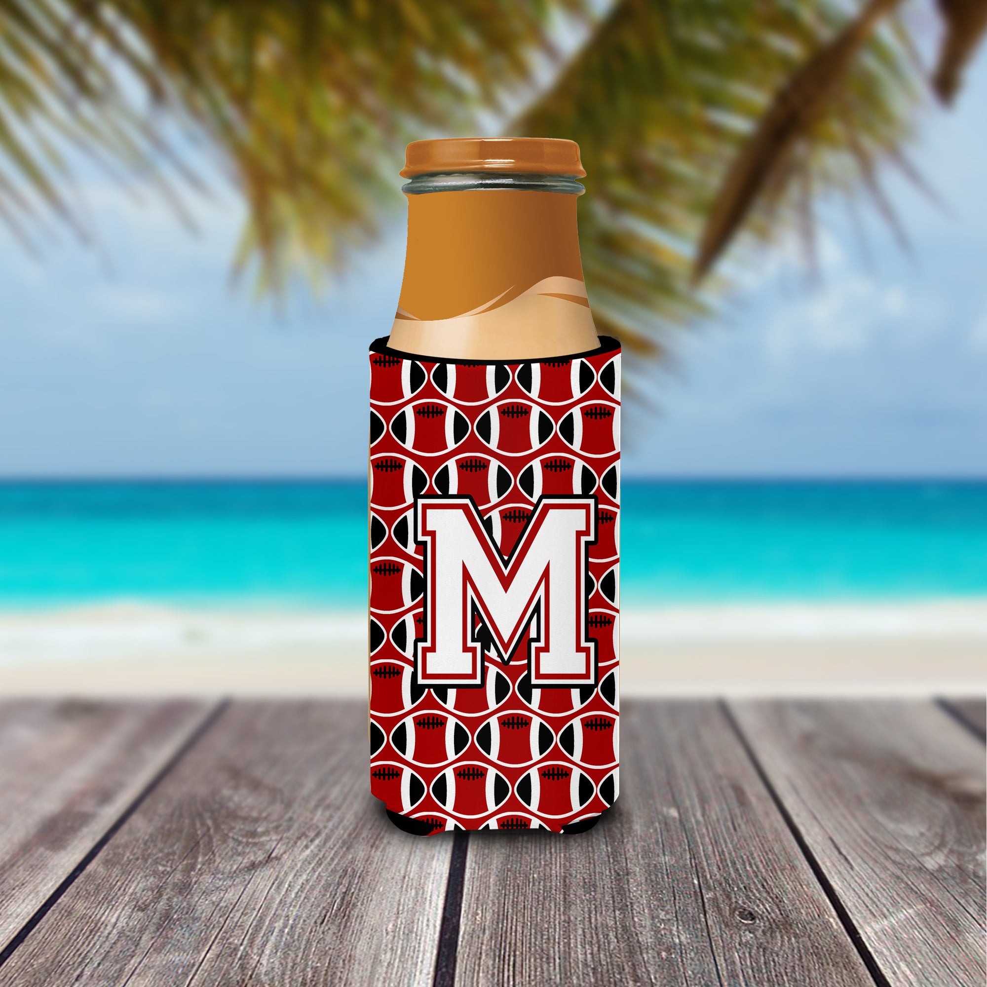Letter M Football Cardinal and White Ultra Beverage Insulators for slim cans CJ1082-MMUK.