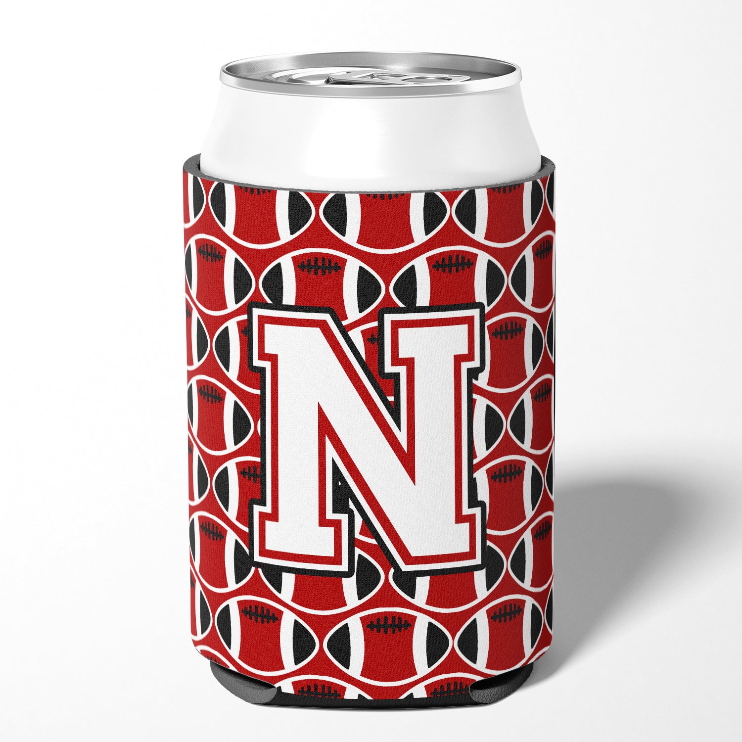Letter N Football Cardinal and White Can or Bottle Hugger CJ1082-NCC.