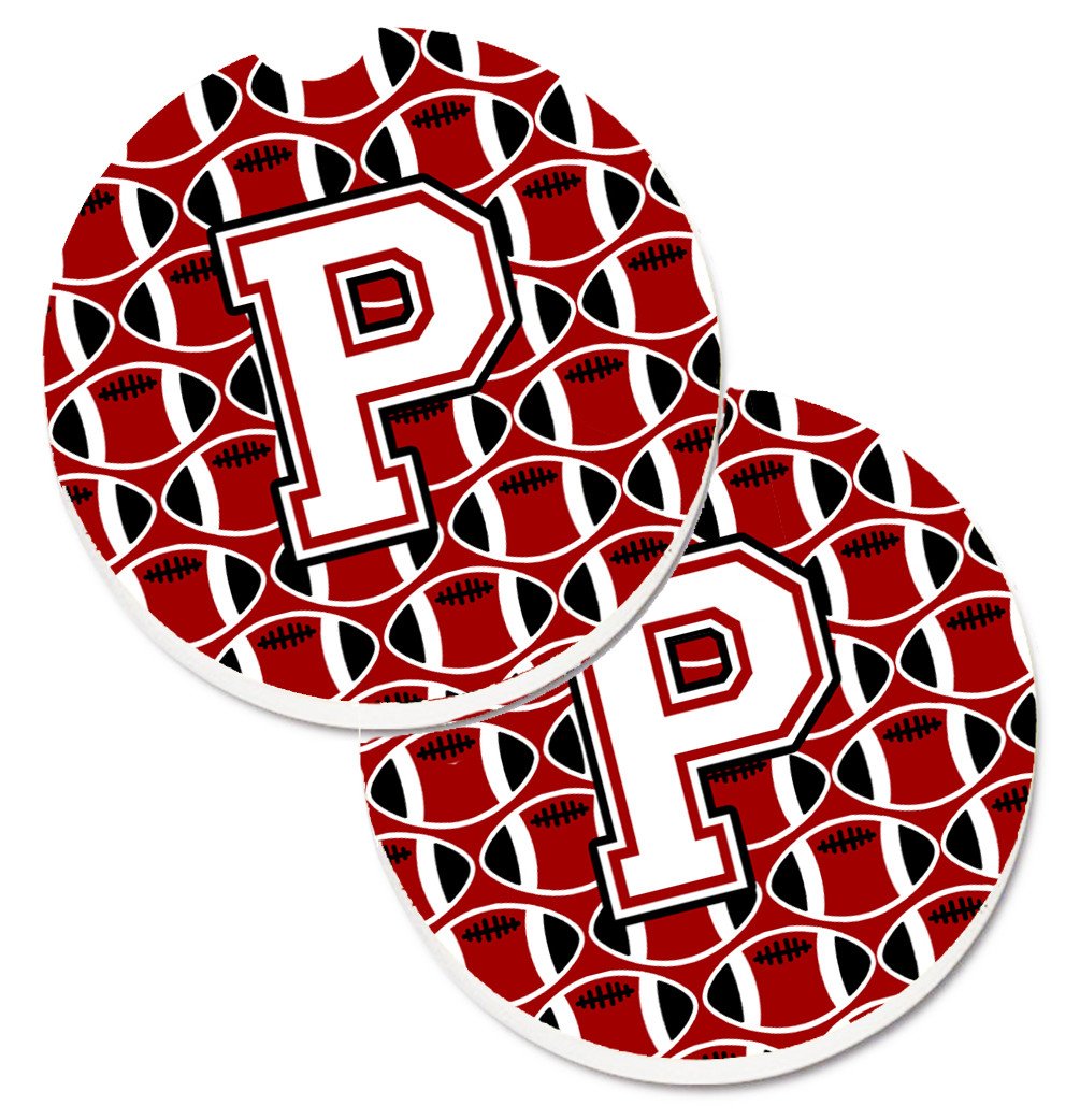 Letter P Football Cardinal and White Set of 2 Cup Holder Car Coasters CJ1082-PCARC by Caroline&#39;s Treasures