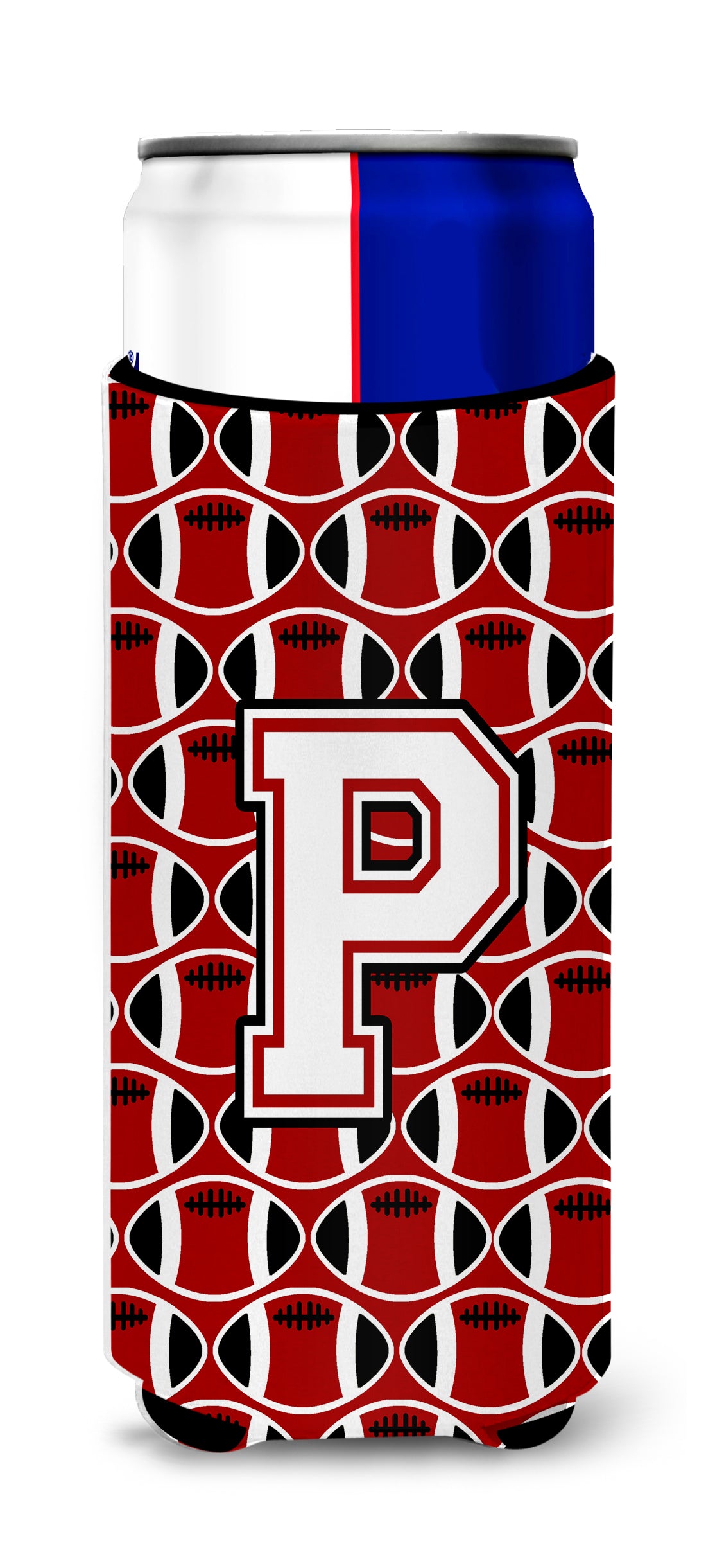 Letter P Football Cardinal and White Ultra Beverage Insulators for slim cans CJ1082-PMUK.