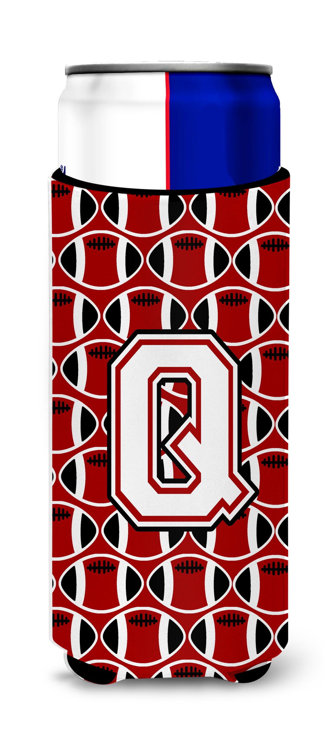 Letter Q Football Cardinal and White Ultra Beverage Insulators for slim cans CJ1082-QMUK.