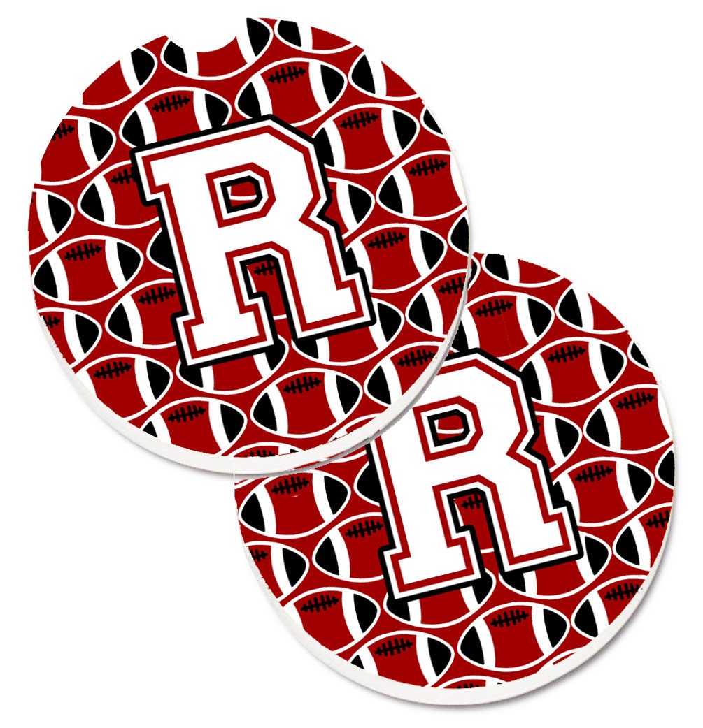 Letter R Football Cardinal and White Set of 2 Cup Holder Car Coasters CJ1082-RCARC by Caroline's Treasures
