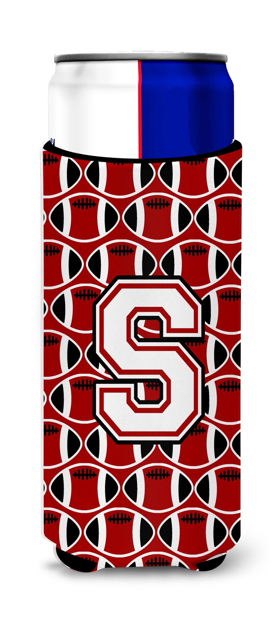 Letter S Football Cardinal and White Ultra Beverage Insulators for slim cans CJ1082-SMUK.