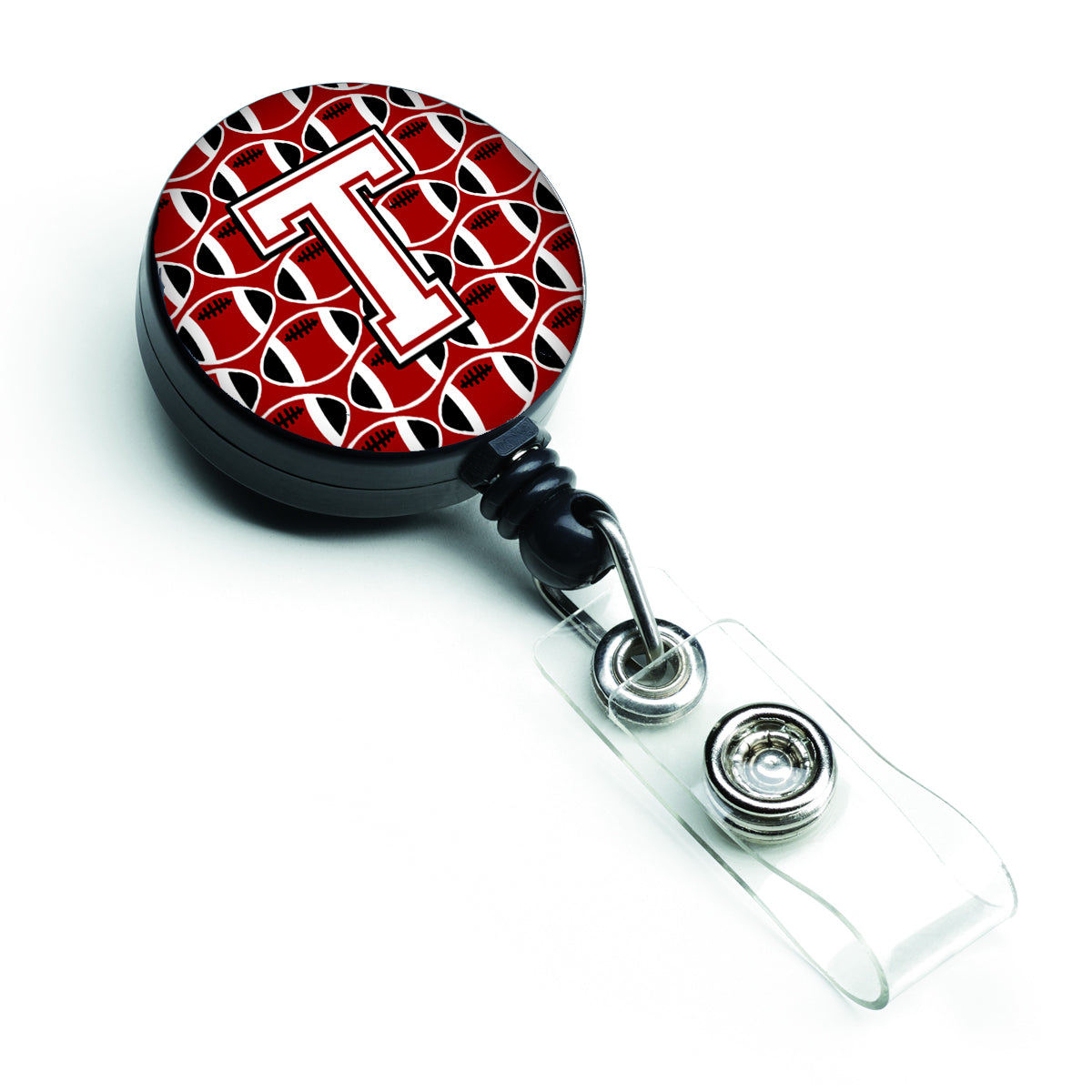 Letter T Football Cardinal and White Retractable Badge Reel CJ1082-TBR