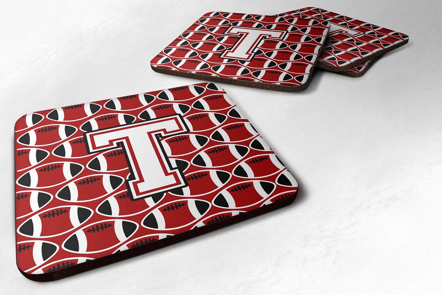 Letter T Football Cardinal and White Foam Coaster Set of 4 CJ1082-TFC - the-store.com