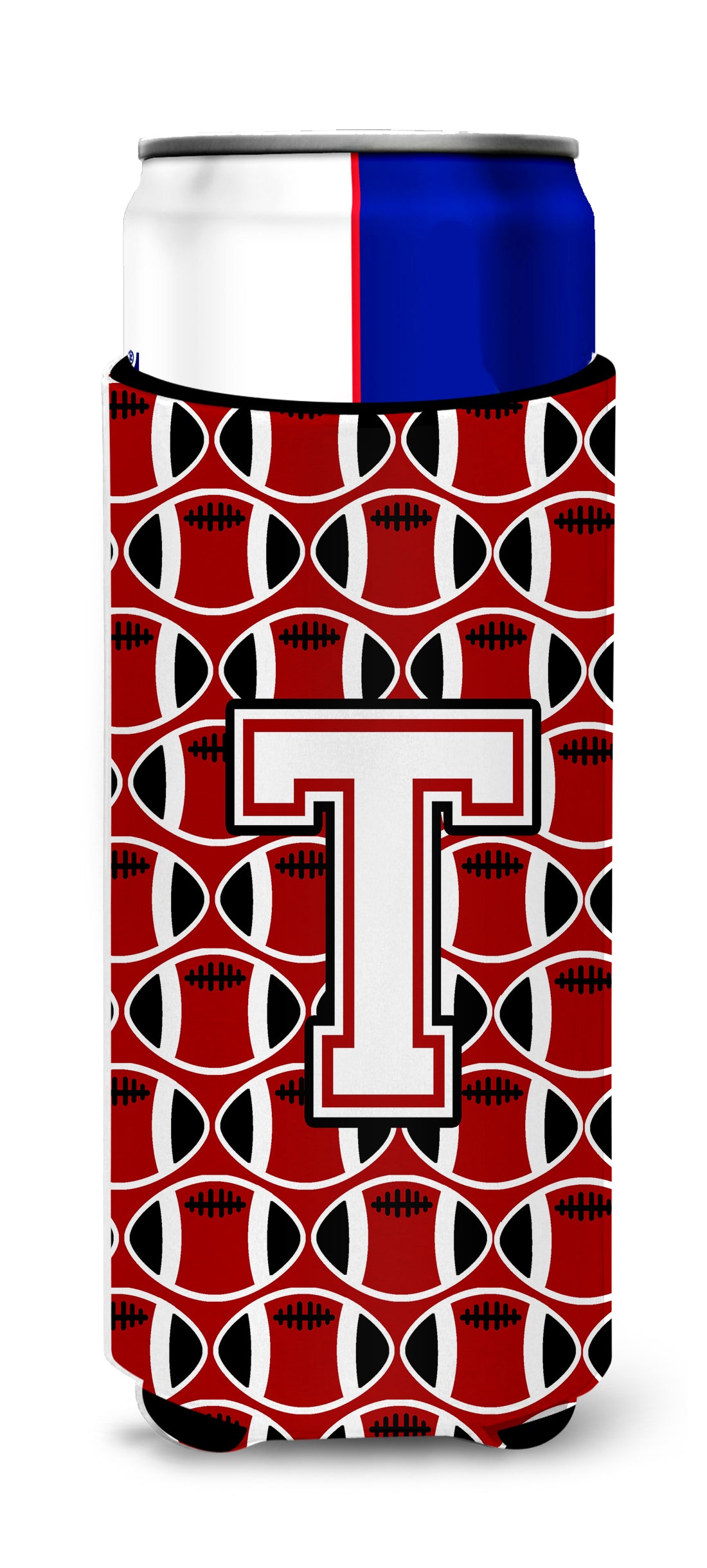Letter T Football Cardinal and White Ultra Beverage Insulators for slim cans CJ1082-TMUK