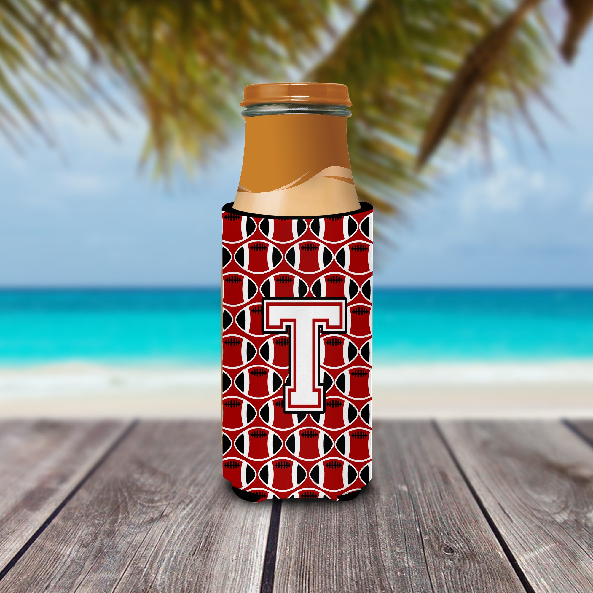 Letter T Football Cardinal and White Ultra Beverage Insulators for slim cans CJ1082-TMUK.