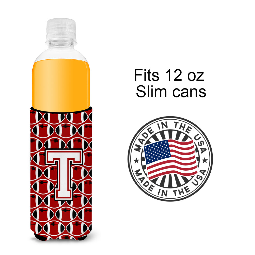 Letter T Football Cardinal and White Ultra Beverage Insulators for slim cans CJ1082-TMUK.