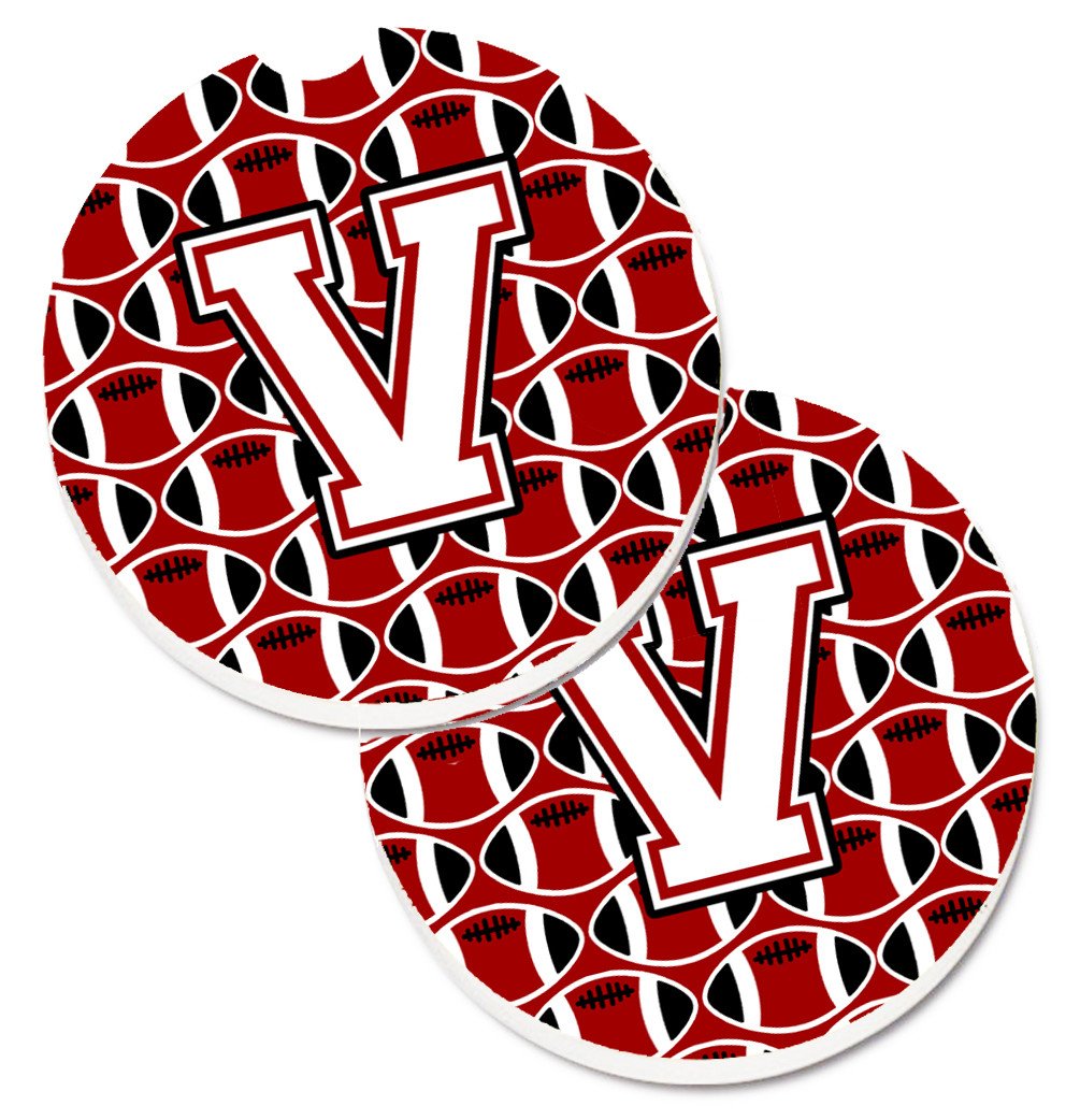 Letter V Football Cardinal and White Set of 2 Cup Holder Car Coasters CJ1082-VCARC by Caroline&#39;s Treasures