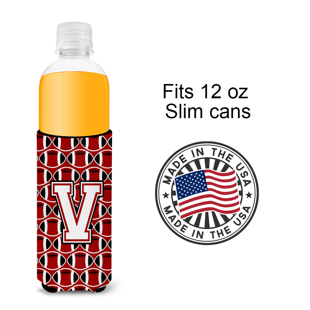 Letter V Football Cardinal and White Ultra Beverage Insulators for slim cans CJ1082-VMUK.