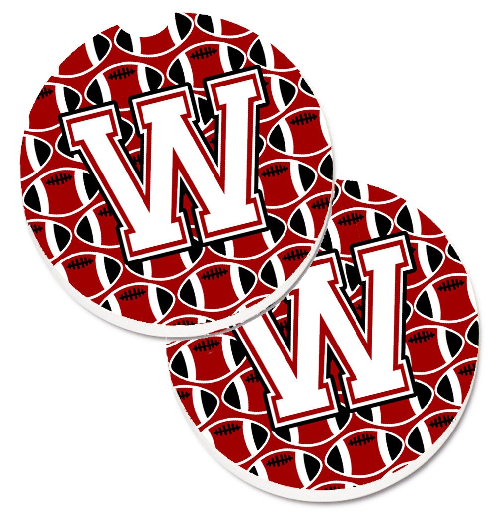 Letter W Football Cardinal and White Set of 2 Cup Holder Car Coasters CJ1082-WCARC by Caroline's Treasures