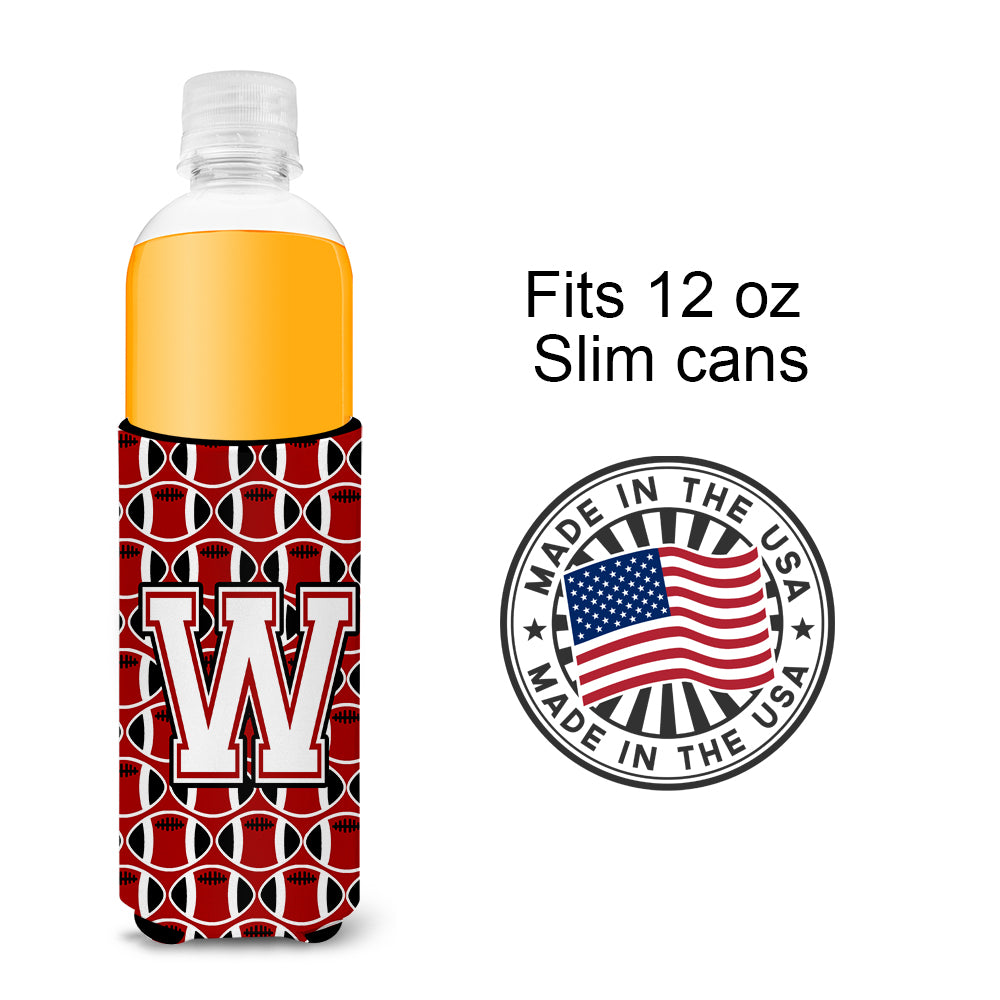 Letter W Football Cardinal and White Ultra Beverage Insulators for slim cans CJ1082-WMUK.